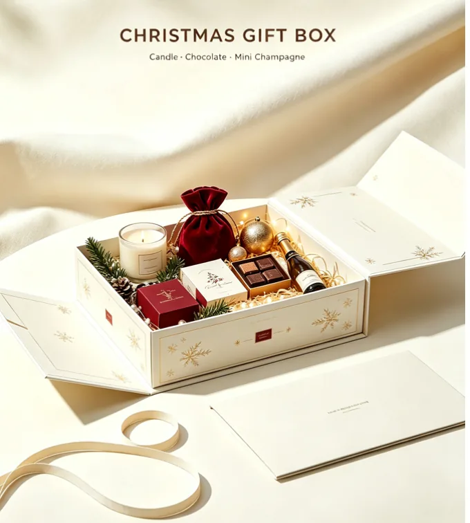 Christmas gift set one-piece folding box candle chocolate champagne Zhengyang Packaging Dongguan