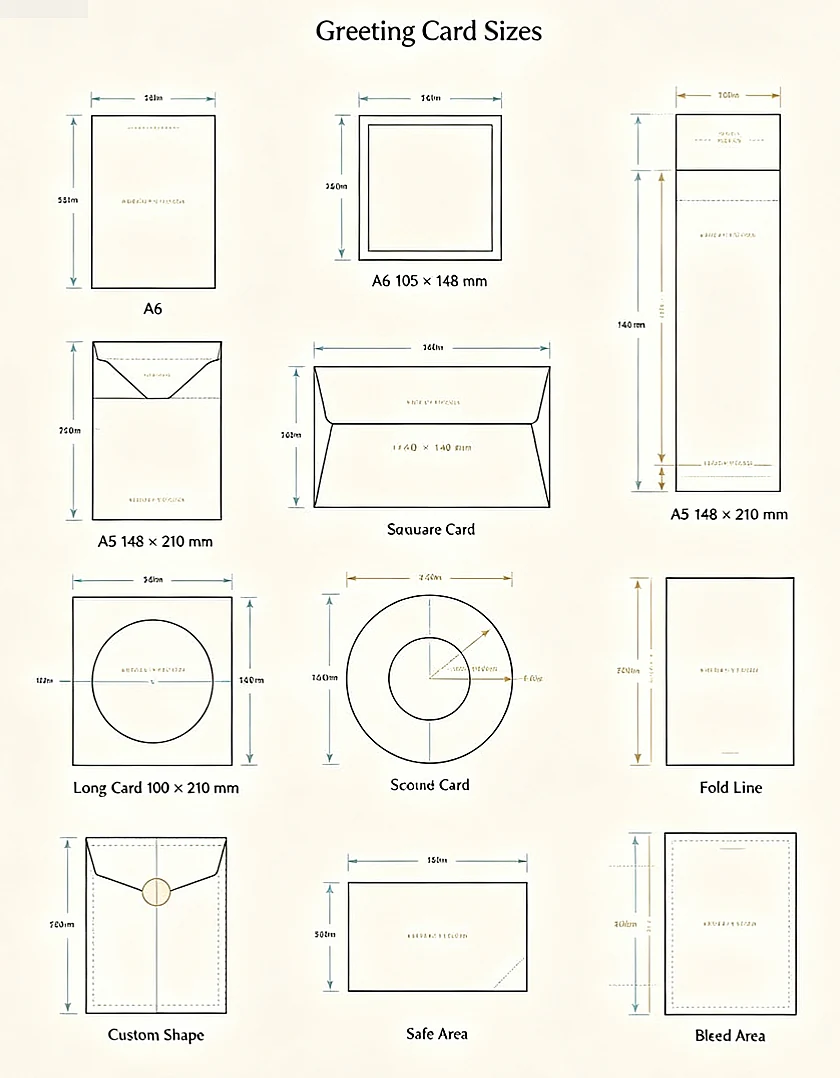 Greeting card size specification chart paper card Zhengyang Packaging Dongguan